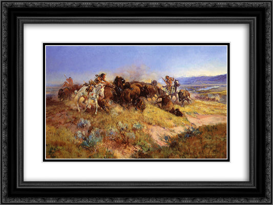 Buffalo Hunt No.40 24x18 Black Ornate Wood Framed Art Print Poster with Double Matting by Russell, Charles M.