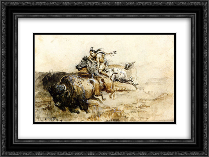 Buffalo Hunter 24x18 Black Ornate Wood Framed Art Print Poster with Double Matting by Russell, Charles M.