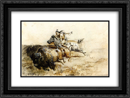 Buffalo Hunter 24x18 Black Ornate Wood Framed Art Print Poster with Double Matting by Russell, Charles M.