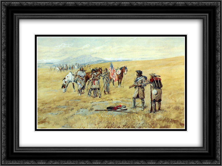 Captain Lewis Meeting the Shoshones 24x18 Black Ornate Wood Framed Art Print Poster with Double Matting by Russell, Charles M.