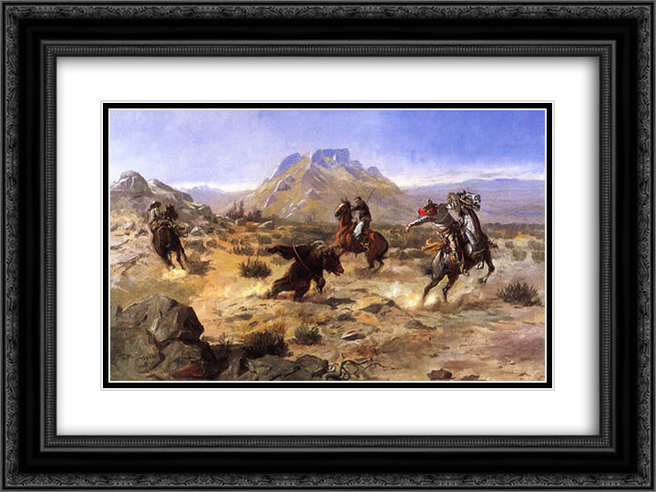 Capturing the Grizzly 24x18 Black Ornate Wood Framed Art Print Poster with Double Matting by Russell, Charles M.