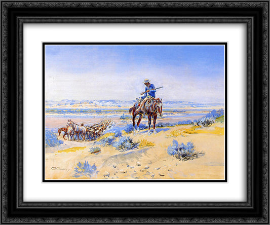 Changing Horses 24x20 Black Ornate Wood Framed Art Print Poster with Double Matting by Russell, Charles M.