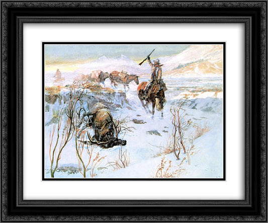 Christmas Dinner for the Men on the Trail 24x20 Black Ornate Wood Framed Art Print Poster with Double Matting by Russell, Charles M.