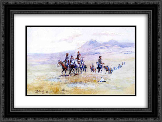 Coming across the Plain 24x18 Black Ornate Wood Framed Art Print Poster with Double Matting by Russell, Charles M.