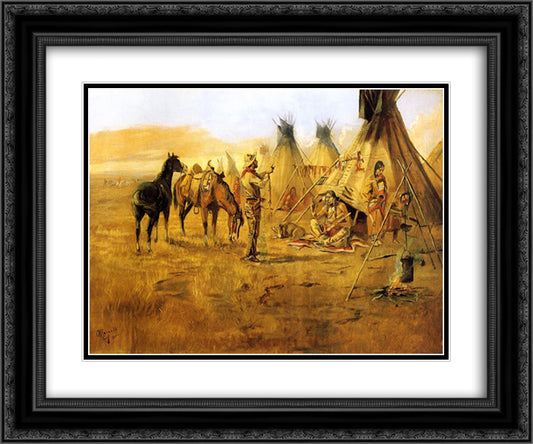 Cowboy Bargaining for an Indian Girl 24x20 Black Ornate Wood Framed Art Print Poster with Double Matting by Russell, Charles M.