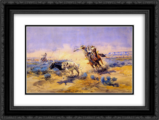 Cowboys from the Quarter Circle Box 24x18 Black Ornate Wood Framed Art Print Poster with Double Matting by Russell, Charles M.