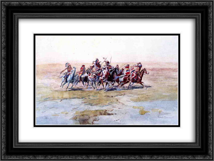 Cree War Party 24x18 Black Ornate Wood Framed Art Print Poster with Double Matting by Russell, Charles M.