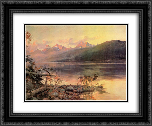 Deer at Lake McDonald 24x20 Black Ornate Wood Framed Art Print Poster with Double Matting by Russell, Charles M.