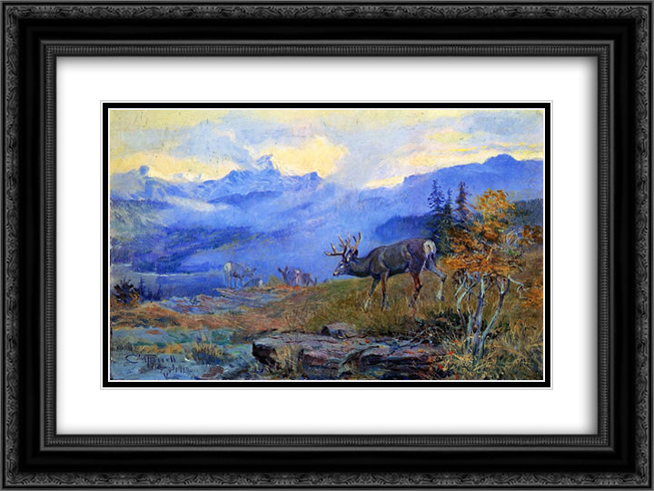 Deer Grazing 24x18 Black Ornate Wood Framed Art Print Poster with Double Matting by Russell, Charles M.