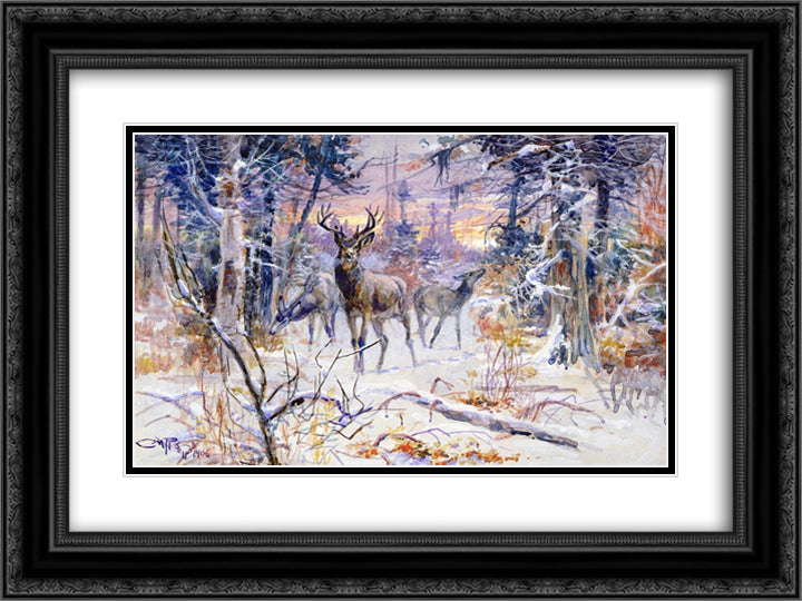 Deer in a Snowy Forest 24x18 Black Ornate Wood Framed Art Print Poster with Double Matting by Russell, Charles M.