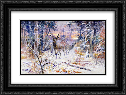 Deer in a Snowy Forest 24x18 Black Ornate Wood Framed Art Print Poster with Double Matting by Russell, Charles M.