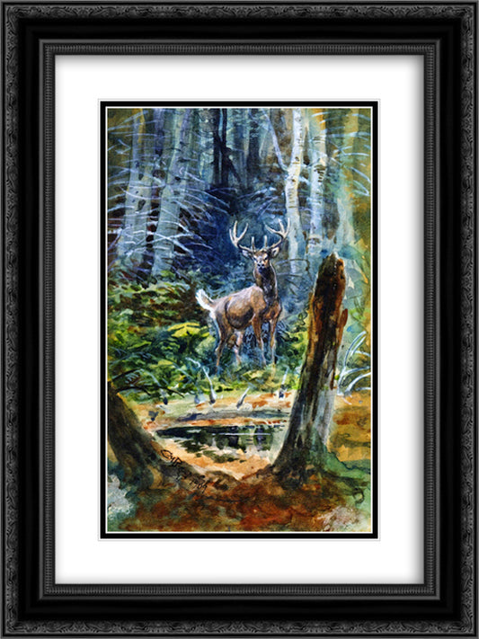 Deer in the Dell 18x24 Black Ornate Wood Framed Art Print Poster with Double Matting by Russell, Charles M.