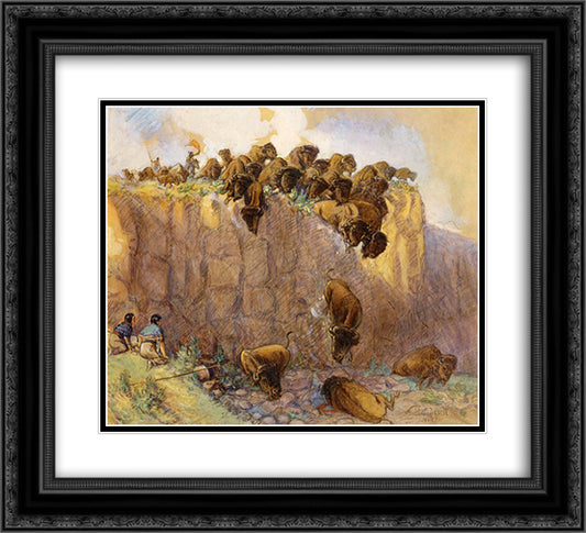 Driving Buffalo Over the Cliff 22x20 Black Ornate Wood Framed Art Print Poster with Double Matting by Russell, Charles M.