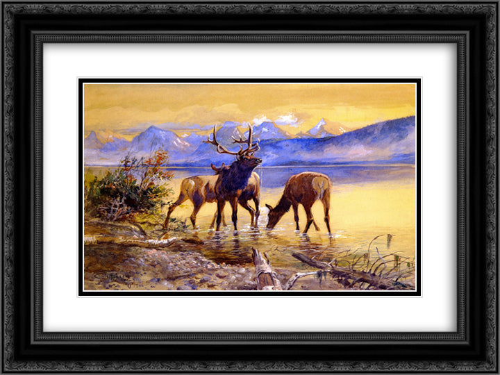 Elk in Lake McDonald 24x18 Black Ornate Wood Framed Art Print Poster with Double Matting by Russell, Charles M.