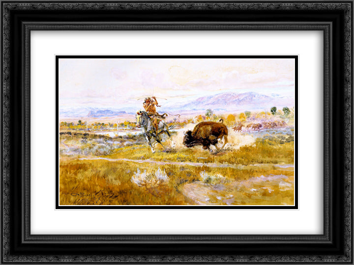 Fighting Meat 24x18 Black Ornate Wood Framed Art Print Poster with Double Matting by Russell, Charles M.