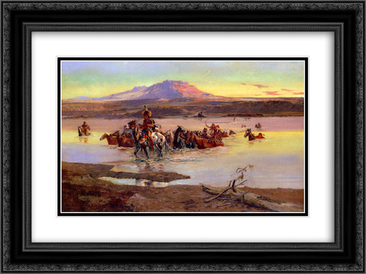 Fording the Horse Herd 24x18 Black Ornate Wood Framed Art Print Poster with Double Matting by Russell, Charles M.