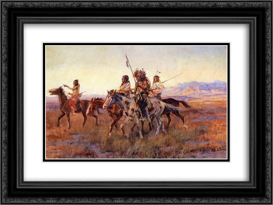 Four Mounted Indians 24x18 Black Ornate Wood Framed Art Print Poster with Double Matting by Russell, Charles M.