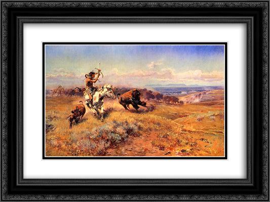 Horse of the Hunter 24x18 Black Ornate Wood Framed Art Print Poster with Double Matting by Russell, Charles M.