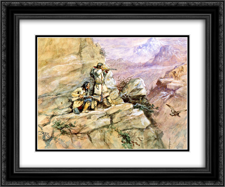 Hunting Big Horn Sheep 24x20 Black Ornate Wood Framed Art Print Poster with Double Matting by Russell, Charles M.