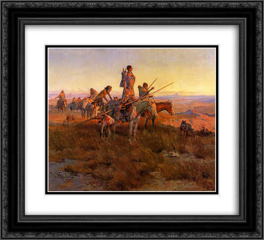 In the Wake of the Buffalo Hunters 22x20 Black Ornate Wood Framed Art Print Poster with Double Matting by Russell, Charles M.