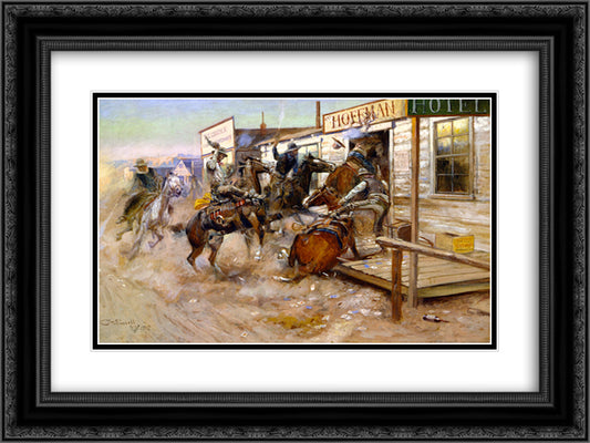 In Without Knocking 24x18 Black Ornate Wood Framed Art Print Poster with Double Matting by Russell, Charles M.