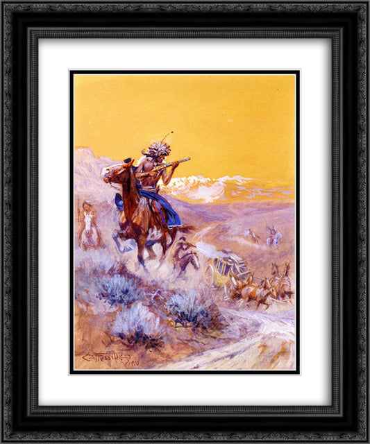 Indian Attack 20x24 Black Ornate Wood Framed Art Print Poster with Double Matting by Russell, Charles M.