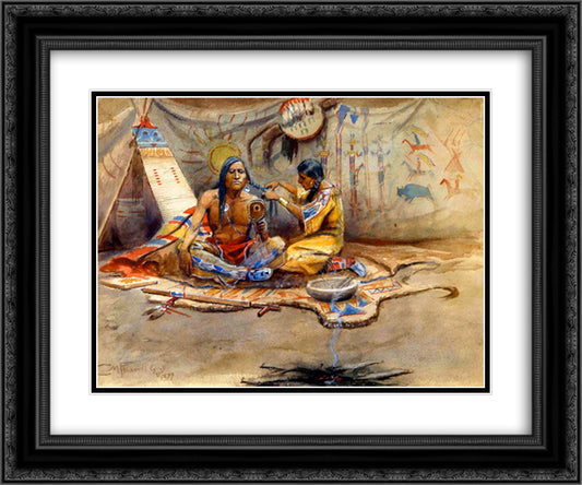 Indian Beauty Parlor 24x20 Black Ornate Wood Framed Art Print Poster with Double Matting by Russell, Charles M.