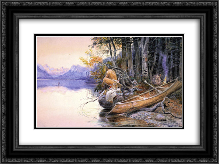 Indian Camp - Lake McDonald 24x18 Black Ornate Wood Framed Art Print Poster with Double Matting by Russell, Charles M.