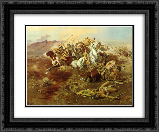 Indian Fight, #1 24x20 Black Ornate Wood Framed Art Print Poster with Double Matting by Russell, Charles M.