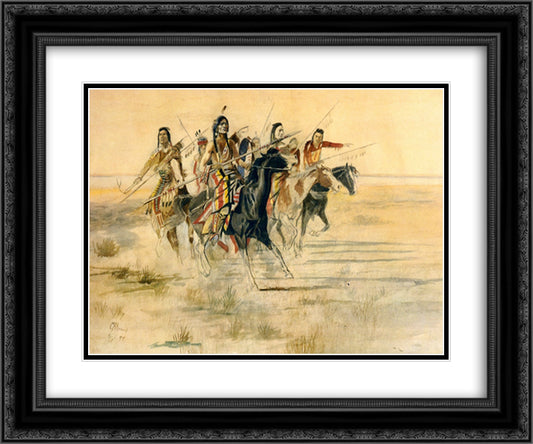 Indian Hunt 24x20 Black Ornate Wood Framed Art Print Poster with Double Matting by Russell, Charles M.