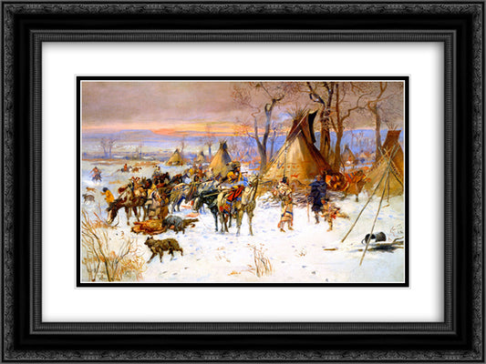 Indian Hunters' Return 24x18 Black Ornate Wood Framed Art Print Poster with Double Matting by Russell, Charles M.