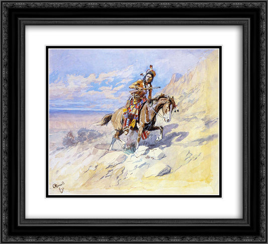 Indian on Horseback 22x20 Black Ornate Wood Framed Art Print Poster with Double Matting by Russell, Charles M.