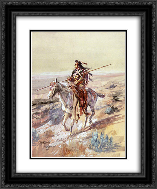 Indian with Spear 20x24 Black Ornate Wood Framed Art Print Poster with Double Matting by Russell, Charles M.