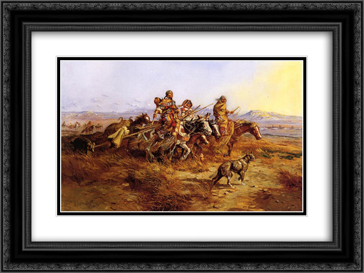 Indian Women Moving 24x18 Black Ornate Wood Framed Art Print Poster with Double Matting by Russell, Charles M.