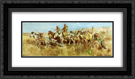 Indian Women Moving Camp 24x14 Black Ornate Wood Framed Art Print Poster with Double Matting by Russell, Charles M.