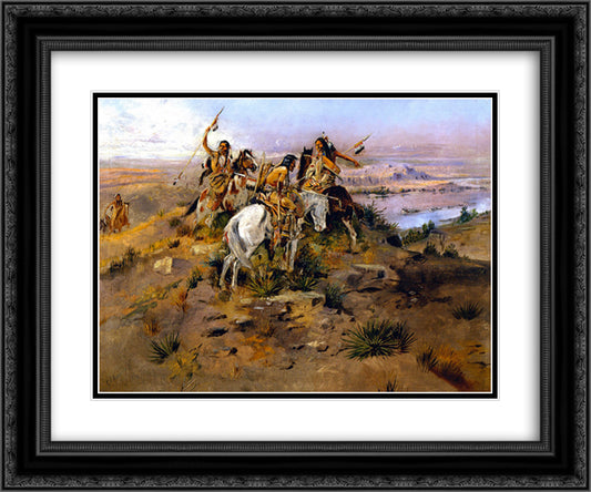 Indians Discovering Lewis and Clark 24x20 Black Ornate Wood Framed Art Print Poster with Double Matting by Russell, Charles M.