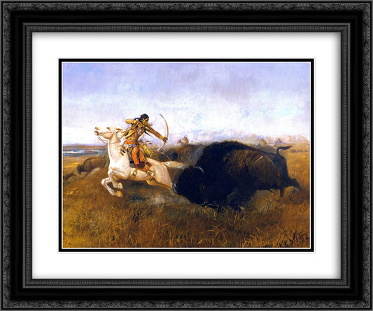 Indians Hunting Buffalo 24x20 Black Ornate Wood Framed Art Print Poster with Double Matting by Russell, Charles M.