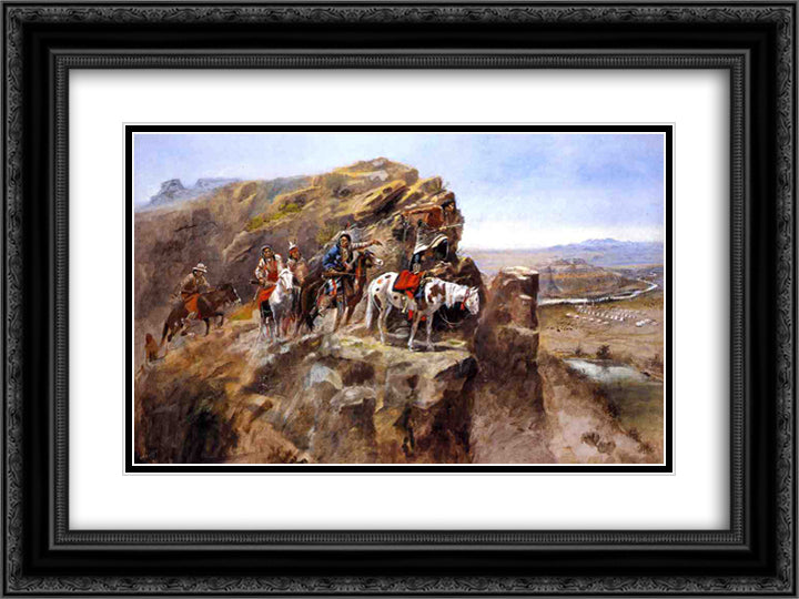 Indians on a Bluff Surveying General Miles' Troops 24x18 Black Ornate Wood Framed Art Print Poster with Double Matting by Russell, Charles M.