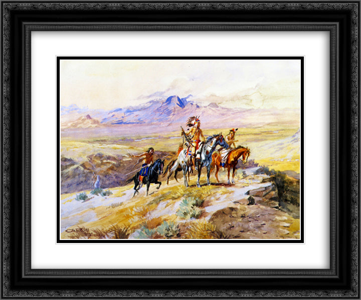 Indians Scouting a Wagon Train 24x20 Black Ornate Wood Framed Art Print Poster with Double Matting by Russell, Charles M.