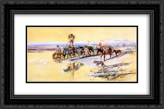 Indians Traveling on Travois 24x16 Black Ornate Wood Framed Art Print Poster with Double Matting by Russell, Charles M.