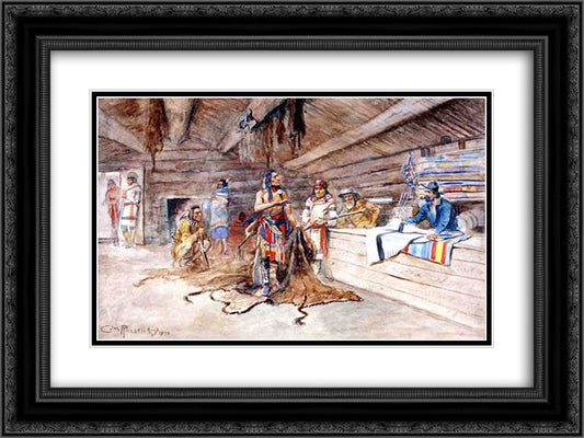 Joe Kipp's Trading Post 24x18 Black Ornate Wood Framed Art Print Poster with Double Matting by Russell, Charles M.