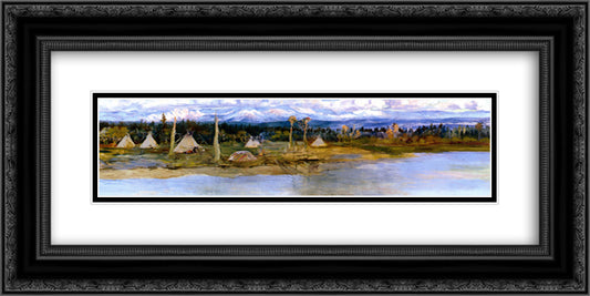 Kootenai Camp on Swan Lake (unfinished) 24x12 Black Ornate Wood Framed Art Print Poster with Double Matting by Russell, Charles M.