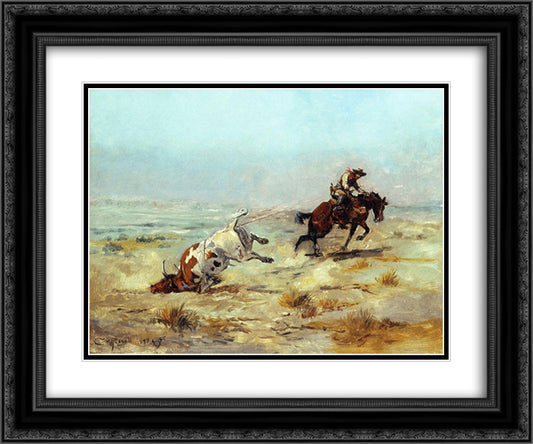 Lassoing a Steer 24x20 Black Ornate Wood Framed Art Print Poster with Double Matting by Russell, Charles M.