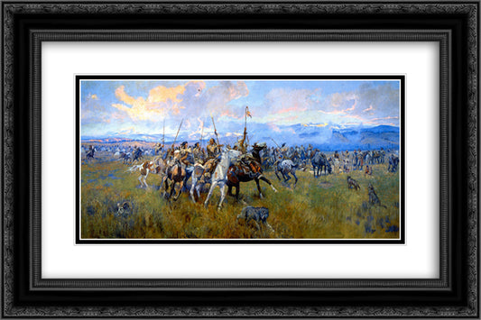 Lewis and Clark Meeting Indians at Ross' Hole 24x16 Black Ornate Wood Framed Art Print Poster with Double Matting by Russell, Charles M.