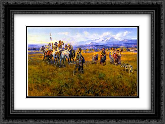 Lewis and Clark Reach Shoshone Camp Led by Sacajawea the Bird Woman 24x18 Black Ornate Wood Framed Art Print Poster with Double Matting by Russell, Charles M.