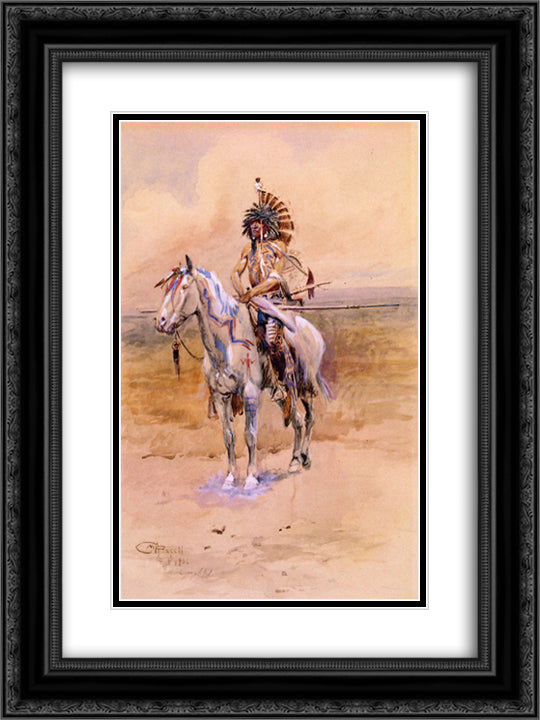 Mandan Warrior 18x24 Black Ornate Wood Framed Art Print Poster with Double Matting by Russell, Charles M.