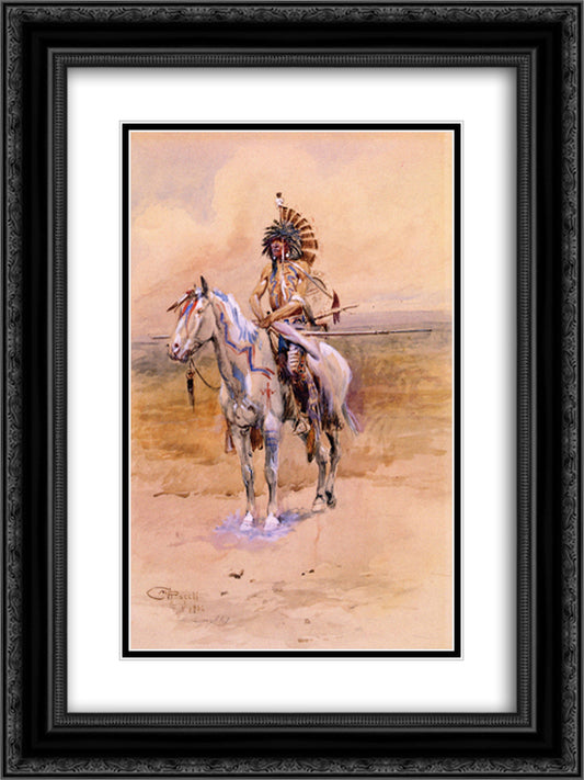 Mandan Warrior 18x24 Black Ornate Wood Framed Art Print Poster with Double Matting by Russell, Charles M.