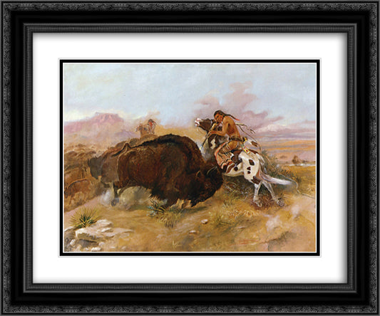 Meat for the Tribe 24x20 Black Ornate Wood Framed Art Print Poster with Double Matting by Russell, Charles M.