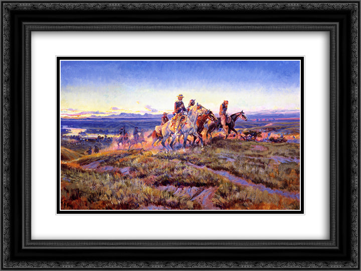Men of the Open Range 24x18 Black Ornate Wood Framed Art Print Poster with Double Matting by Russell, Charles M.