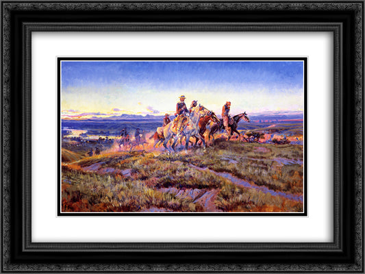 Men of the Open Range 24x18 Black Ornate Wood Framed Art Print Poster with Double Matting by Russell, Charles M.